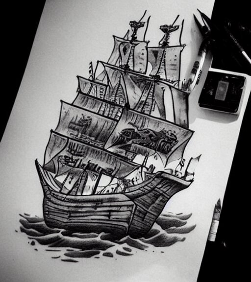 A realistic tattoo design sketch of a pirate ship, white background, black and white, highly detailed tattoo, realistic tattoo, realism tattoo, beautiful shades