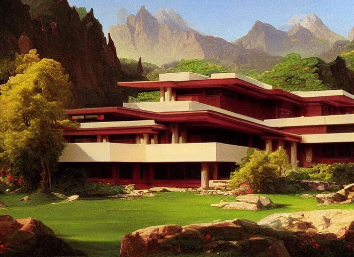 painting of a frank lloyd wright house in front of beautiful mountains by thomas cole 