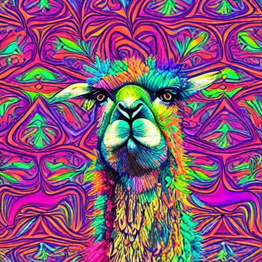 psychedelic, photorealistic, colorfully llama in a maximalist style on a background that fades to black 