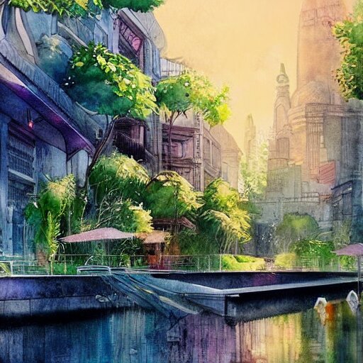 Beautiful happy picturesque charming sci-fi town in harmony with nature. Beautiful light. Water and plants. Nice colour scheme, soft warm colour. Beautiful detailed artistic watercolor by Vincent. (2022)