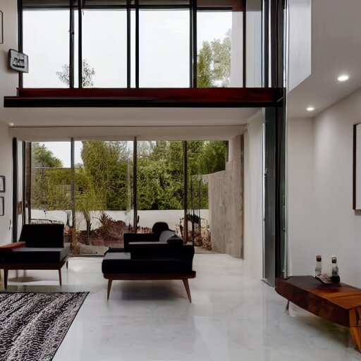 A modern living room with 2 sofas facing each other with a white marble table in the center, on the left side of the living room there is a floor to ceiling glass window that leads to the courtyard, on the right side of the living room there are wooden stairs that lead to the second floor