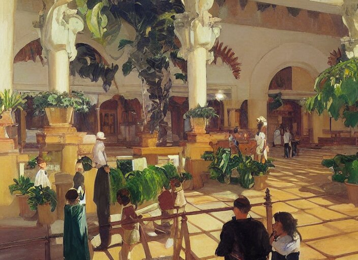 main hall with horse statues, green and brown decorations by studio ghibli painting, by joaquin sorolla rhads leyendecke 