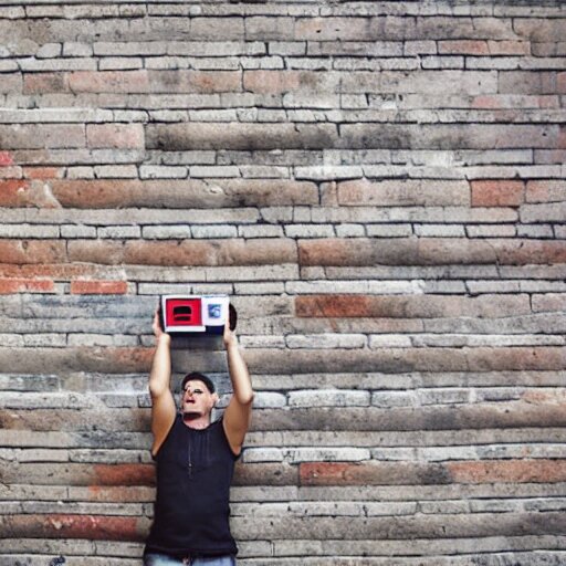 a photo of someone throwing a question block from the mario videogames on to the floor, breaking 