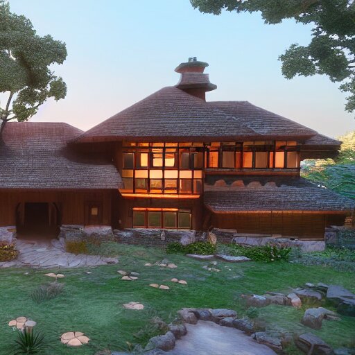 Peaceful wooden mansion, unreal engine 5 tech demo, zillow interior, golden hour, living room, cozy, Frank Lloyd Wright ((Studio Ghibli))