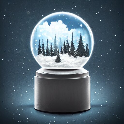 summer weather inside a snowglobe. Beautiful colorful clouds in moody greys and blues. High quality digital art, trending on artstation