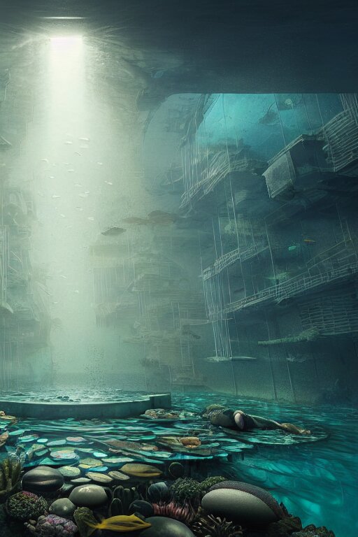 hyperrealistic precisionist cinematic underwater neo - dystopian city ruins with giant luminescent aquatic plants, digital art masterpiece, aykut aydogdu eric zener, dramatic volumetric light, long shot, low angle uhd 8 k, sharp focus 