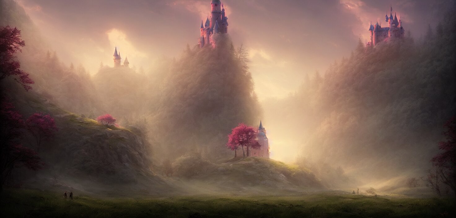 a fairytale castle on a hill in the forest pink fog envelops the castle landscape, cinematic view, epic sky, detailed, concept art, low angle, high detail, warm lighting, volumetric, godrays, vivid, beautiful, trending on artstation, by jordan grimmer, huge scene, grass, art greg rutkowski 