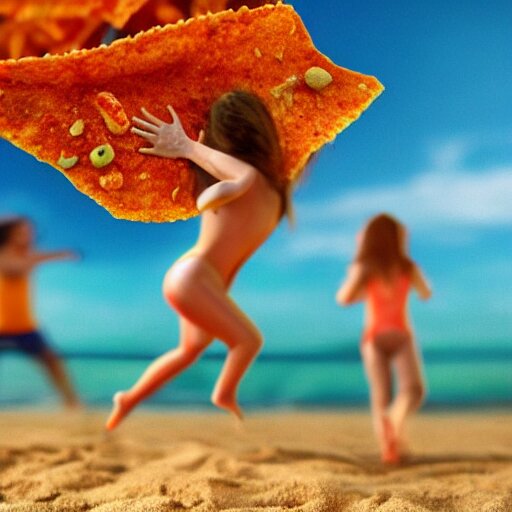 doritos chips with face and hands running at beach, high quality render, trending on art station 