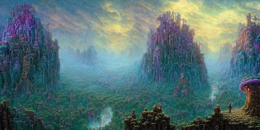 intricate detailed misty valley of ruins fantasy at dawn. Lisa Frank, james gurney,dan luvisi,Petros Afshar,tim hildebrandt,liam wong,Mark Riddick,thomas kinkade,ernst haeckel,dan mumford,trending on artstation,josephine wall, WLOP ,cgsociety by Gediminas Pranckevicius, trending on cgsociety and DeviantArt