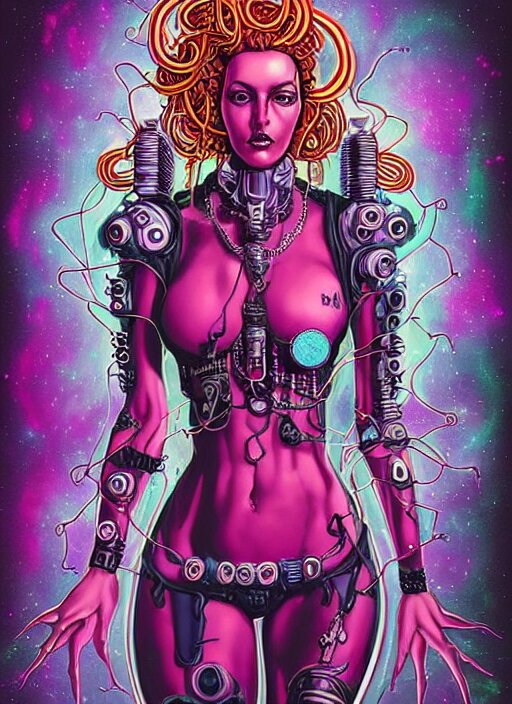 Perfectly-centered vibrant portrait-illustration of a very beautiful and puzzled looking nebulapunk cyberpunk Medusa with symmetrical facial features with a very and accurately symmetrically drawn-out body, in the style of an epic golden age sci-fi comic book cover in an awesome pose wearing a really cool cyberpunk outfit, with lots of really large ravepunk bio-luminiscent snakes as her hair that go all around and above her, next to a tall cybernetic tower with lots of glowing buttons. Super highly detailed, professional and intricate professionally made HDR digital artwork, RPG portrait, digital airbrush painting, extreme illustration, concept art, smooth, maximalist, dreamscape, Rococo, surreal dark art, cosmic horror, lovecraftian style, Aetherpunk, cinematic, Hyperdetailed, hyperrealistic, enchanting, otherworldly, arthouse, sinister mood, cosplay, sense of awe, Exquisite award winning picture, glowing rich colors, ethereal backlight background, 300 DPI, 8k resolution, HD quality, cinema 4d, 3D, 3d final render, 3d shading, unreal 5, octane render, 3D rim light, dynamic lighting, atmospheric lighting, iridiscent background accents, golden ratio, psychedelic highlights, dramatic shadows, 
anamorphic lens, sharp focus, trending on Gsociety, trending on ArtstationHQ, trending on deviantart, neon-noir bokeh, professionally post-processed, wide-angle action dynamic portrait