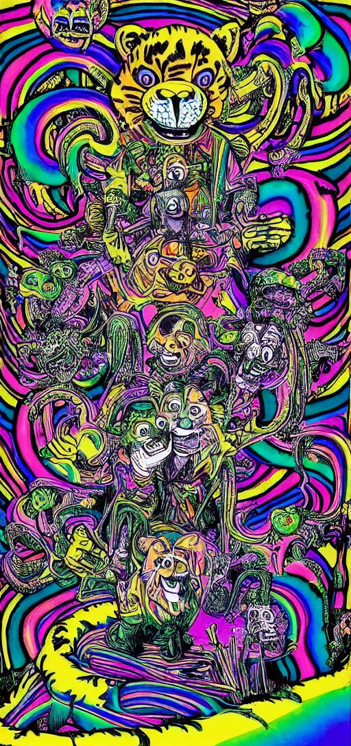 tony the tiger dissolving into neon cereal pieces, cubensis, aztec, basil wolverton, r crumb, hr giger, mc escher, dali, muted but vibrant colors, rainbow tubing 