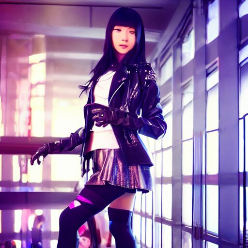 a dynamic, epic cinematic 8K HD movie shot of a japanese beautiful cute young J-Pop idol actress yakuza rock star girl wearing leather jacket, miniskirt, nylon tights, high heels boots, gloves and jewelry. Motion, VFX, Inspirational arthouse, at Behance, with Instagram filters