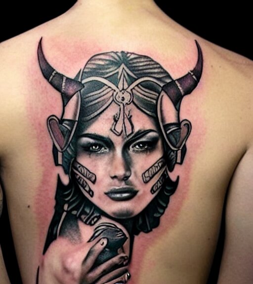 tattoo design on white background of a beautiful girl warrior, hyper realistic, amazing detail, inspired by eliot kohek 