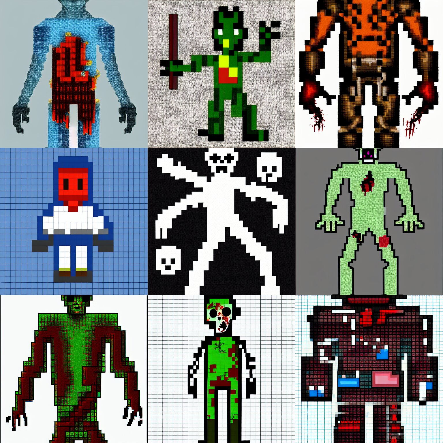 a zombie, blueprint, pixel art, full body, centered, very detailed, hi res, white background 