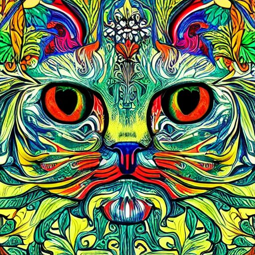 colourful ornate decorative green man as a cat face by louis wain and william morris, closeup, twisting leaves, abstract psychedelic, 8 k, artstation 