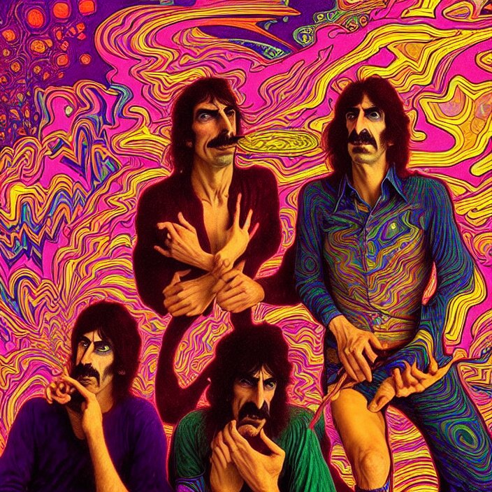 bright psychedelic photo of pink floyd and frank zappa tripping on lsd, diffuse lighting, fantasy, intricate, elegant, highly detailed, lifelike, photorealistic, digital painting, artstation, illustration, concept art, smooth, sharp focus, art by John Collier and Albert Aublet and Krenz Cushart and Artem Demura and Alphonse Mucha