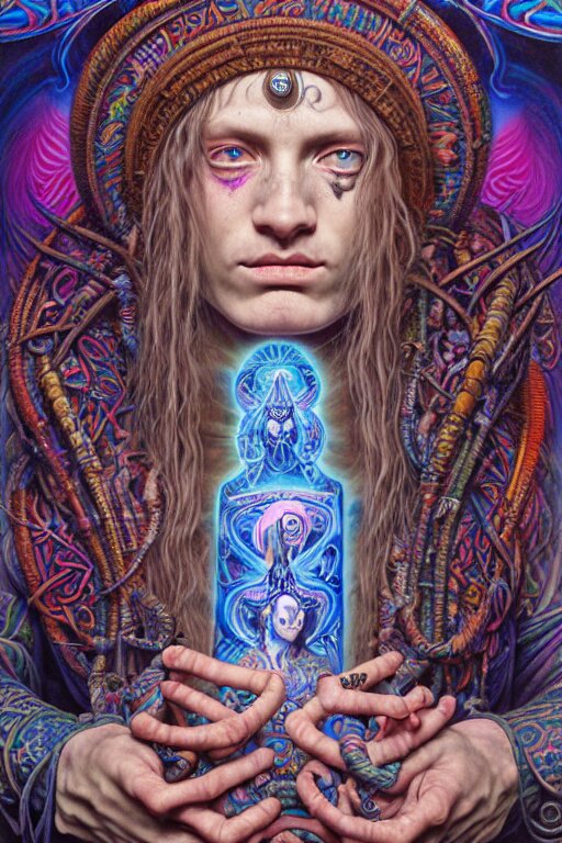 psychedelic shaman, blue and pink, wearing celtic tattoos, inside an epic, ancient temple, ayami kojima, greg hildebrandt, mark ryden, hauntingly surreal, eerie vibrating color palette of charlie immer, highly detailed painting by, jenny saville, soft light 4 k 