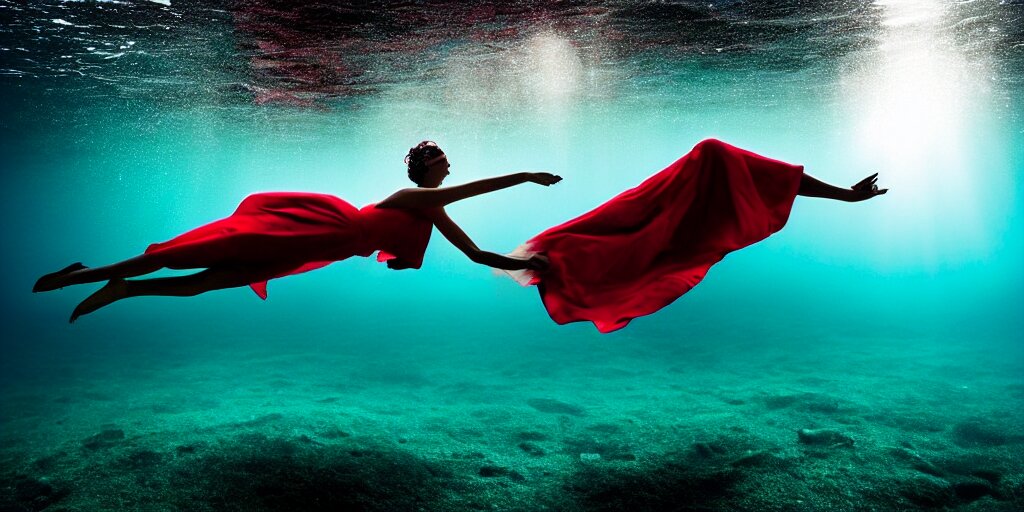 deep underwater photography of beautiful model in flat dress concert hall by emmanuel lubezki 