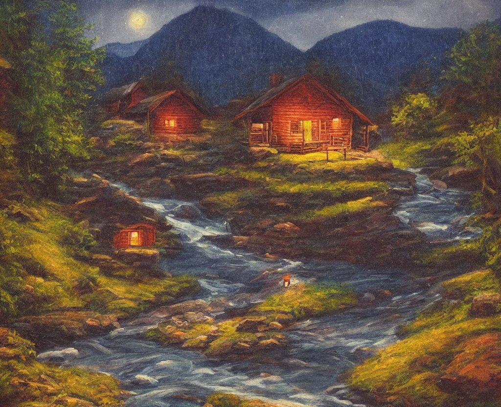 a river running past a cozy cabin in mountain side, night, heavy rain, colorful, classic painting, award winning, highly detailed 