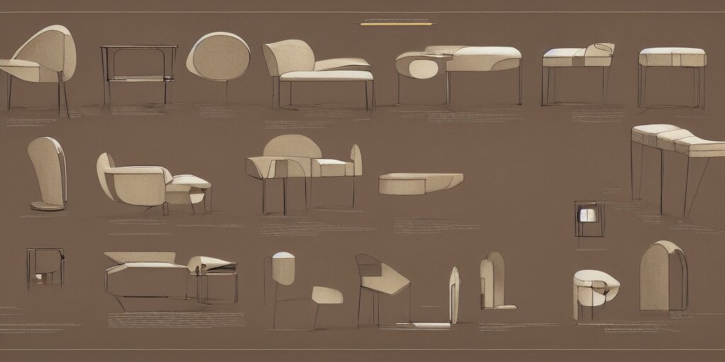 furniture design art deco, design sheet, Moebius, Greg Rutkowski, Zabrocki, Karlkka, Jayison Devadas, Phuoc Quan, trending on Artstation, 8K, ultra wide angle, zenith view, pincushion lens effect