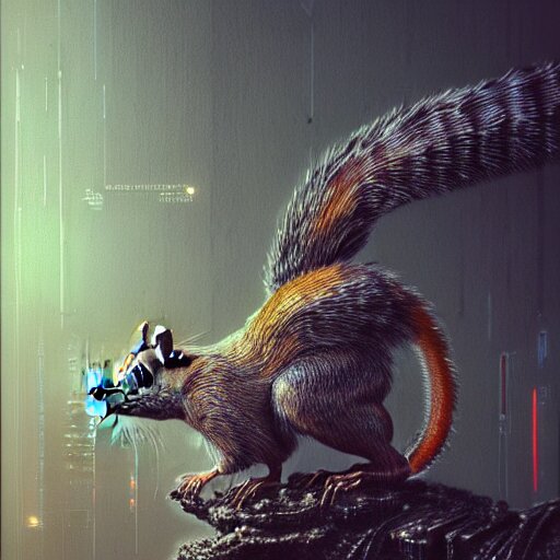 a highly detailed long shot photo of cyberpunk mechanical squirrel character by ayami kojima, beksinski, giger, intricate, digital painting, artstation, intricate, concept art, smooth, sharp focus, illustration 