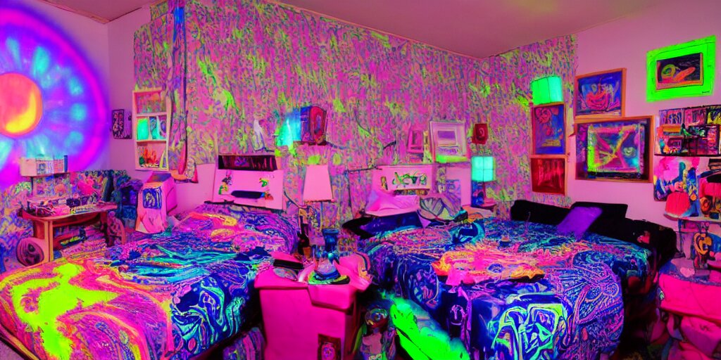 a cluttered psychedelic 90s room with a blacklight and glowing furniture