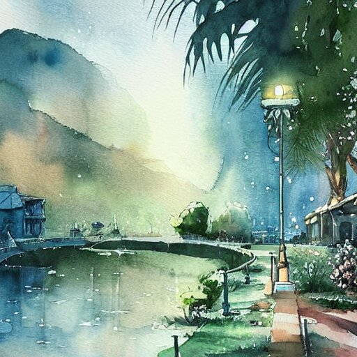 Beautiful happy picturesque charming sci-fi town in harmony with nature. Beautiful light. Water and plants. Nice colour scheme, soft warm colour. Beautiful detailed artistic watercolor by Vincent. (2022)