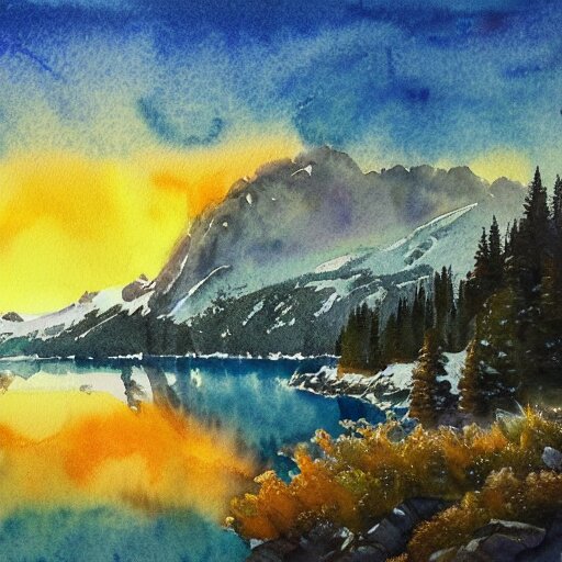 alpine lake. bautiful sunrise. watercolor. trending on artstation 