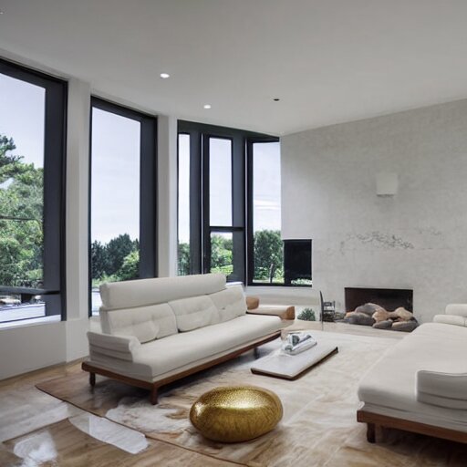 A modern living room with floor to ceiling glass windows on the left and on wooden stairs to the second floor on the right, two white sofas with a white marble table in the center, 8k resolution, professional interior design photograph, wide angle photograph