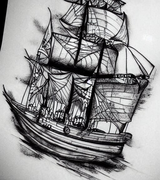 A realistic tattoo design sketch of a pirate ship, white background, black and white, highly detailed tattoo, shaded tattoo