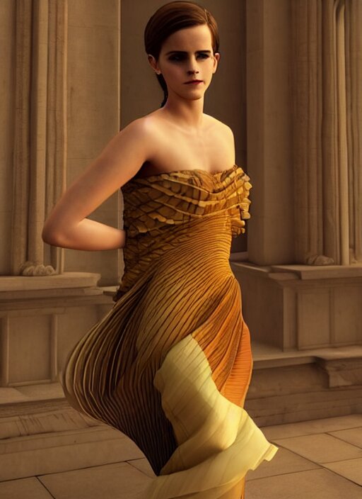 emma watson wearing finely pleated silk bihu mekhela strapless costume expertly draped goddess style dress by wlop, assamese gamosa pattern, face by daz 3 d genesis and artgerm concept art 3 d octane render cinema 4 d v ray, unreal engine, hyper realistic hdr fabric textures, ray traced, bright lit cinematic studio fashion photography, real life like, daz iray shaders 