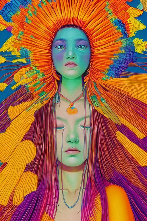 a colorful vibrant closeup portrait of a fashion model with a beaded headdress and dreaming psychedelic hallucinations, by kawase hasui, moebius, edward hopper and james gilleard, zdzislaw beksinski, steven outram colorful flat surreal design, hd, 8 k, artstation 