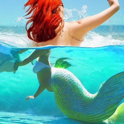 beautiful curvy perfect mermaid under the water with flowing tail swims peacefully under the ocean surface on a warm sun filled day, her red hair trails behind her floating in the water. natural beauty gorgeous stunning photo 