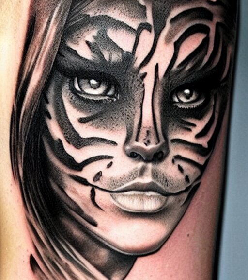 tattoo design of a beautiful girl warrior below a tiger head, hyper realistic, realism tattoo, by eliot kohek, beautiful eyes, realistic face, black and white, white background 