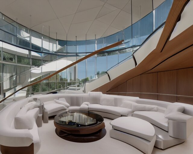 A futuristic living room with floor to ceiling glass windows on the left and curved wooden stairs going upstairs on the right, two white sofas with a white marble table in the center of the living room, stairs to the second floor, in a large glass dome, 8k resolution, professional interior design photograph, wide angle photograph