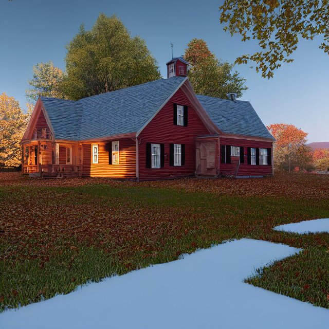 realistic wooden colonial new england house, maple tree in yard, large chimney, lights on inside, fall foliage, vermont mountain background, light cinematic, volumetric, realistic, cinematic lighting, ray tracing, unreal engine 5, octane render, hyper realistic, 8 k 