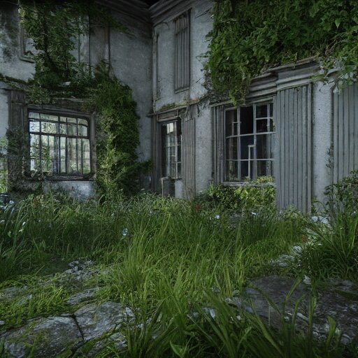 outside a derelict victorian house, garden in front of house is overgrown and walls are crumbling down, moss and ivy cover the walls ray traced unreal 5, ultra details 