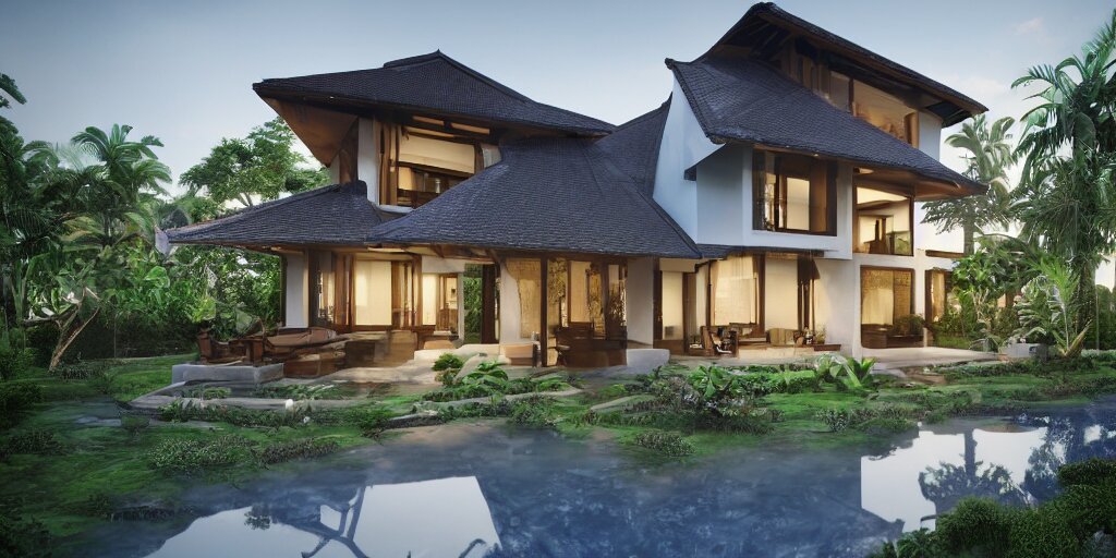 3d rendering  of beautiful nature meets architecture concept of a residential house. balinese architecture, volumetric lighting, luxury, high detail, 14mm, cinematic photography, cg architects,  high resolution