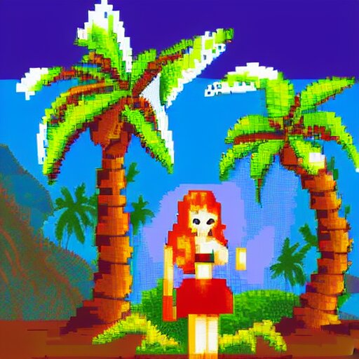 pixel art, 32-bit pixel art, vibrant sprite art, barbarian girl, electrified hair, prehistoric fantasy, palm trees