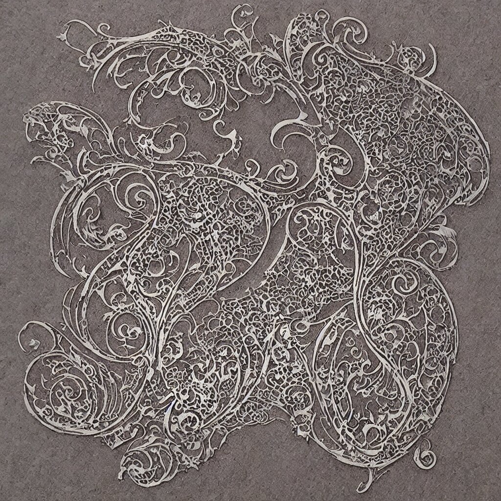 vintage art nouveau style sticker, cat as a cyborg, detailed filigree fretwork lacework