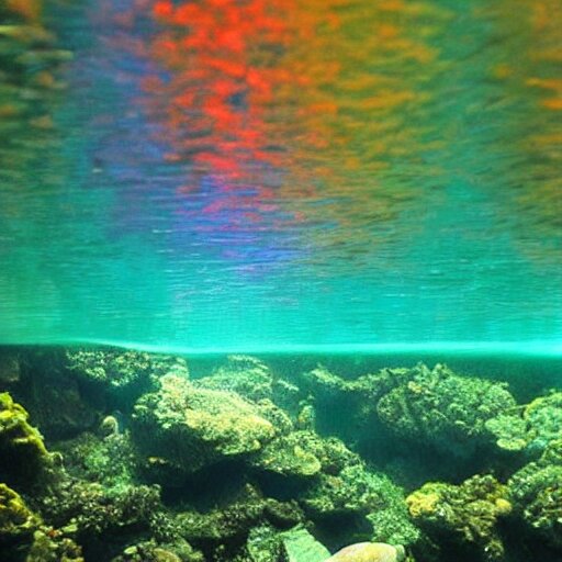 beautiful underwater river, the light refracting through the surface makes rainbow colors everywhere 