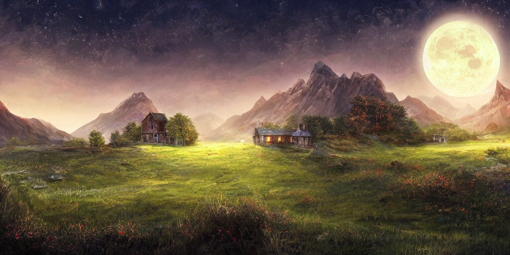 Blood soaked fields with large mountains in the distance, small cottage in the foreground, nighttime, moon in the night sky, landscape wallpaper, d&d art, fantasy, painted, 4k, high detail, sharp focus