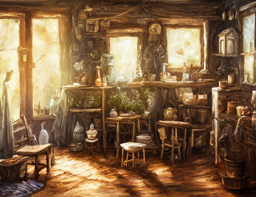 expressive rustic oil painting, interior view of a cluttered herbalist cottage, waxy candles, cabinets, wood furnishings, herbs hanging, wood chair, light bloom, dust, ambient occlusion, morning, rays of light coming through windows, dim lighting, brush strokes oil painting