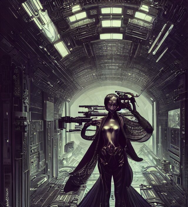 a baroque portrait of a retrofuturistic assassin in light surrounded by advanced architecture. minimalist dark wet architecture with some highly detailed science fiction details, rich colors, high contrast, black shadow level, moody dark background. trending on artstation an ultrafine hyperdetailed colorfull illustration by kim jung gi, moebius, irakli nadar, alphonse mucha, ayami kojima, amano, greg hildebrandt, syd mead and mark brooks, female, feminine, art deco, new baroque, intricate linework, colors by frank frazetta 