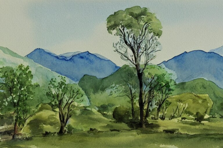 green landscape with trees and mountains in the distance, watercolor 