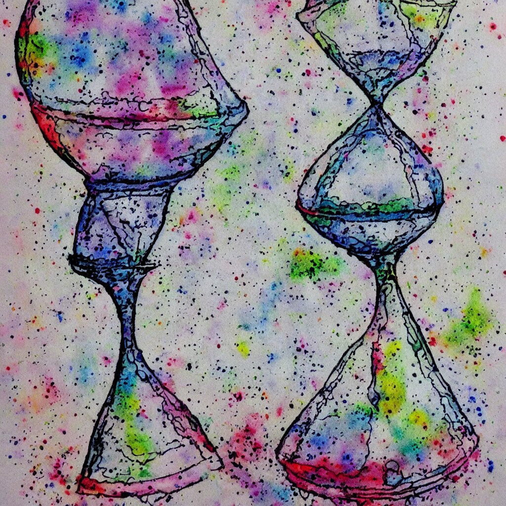 Splatter watercolor drawing of the hourglass of time