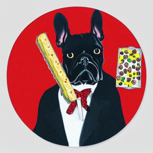 sticker art of a french bulldog in a suit eating a candy bar with a fork and knife at a fancy restaurant by ed roth 