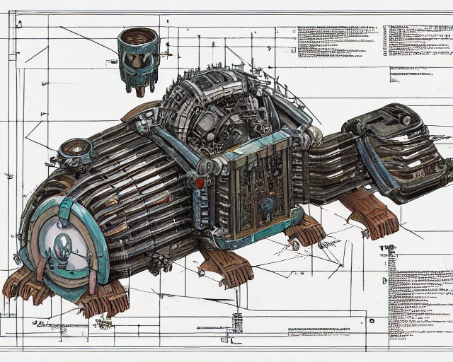 a full page of a mechanical blueprint showing a design for a mechanized sloth from howl's moving castle ( 2 0 0 4 ), with a big head, muted colors, post grunge, studio ghibli, hq, 