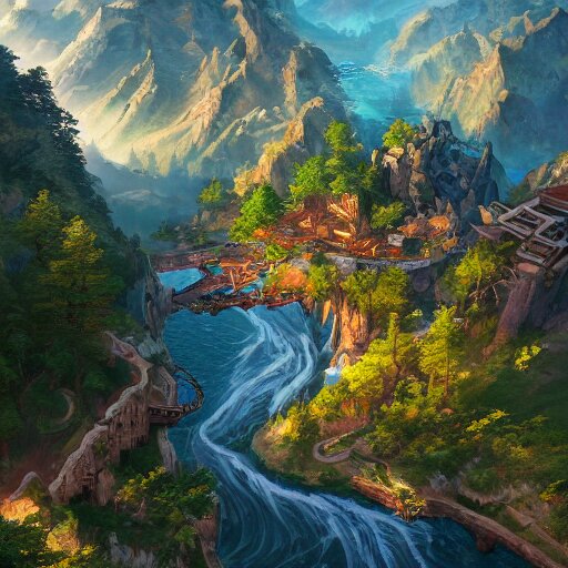 a birds eye view overlooking an ancient fantasy city surrounded by mountains and trees of greens and browns, rivers and lakes by Jordan Grimmer, Asher Brown Durand and Ryan Dening, 8k, artstation, beautiful color pallette