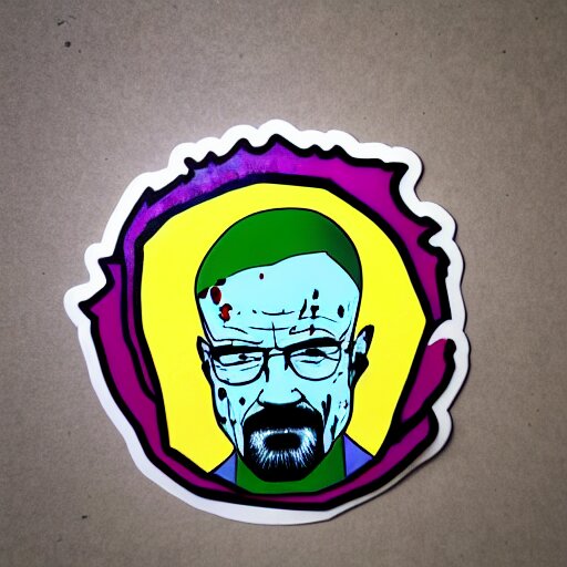 die cut sticker, walter white wearing the joker outfit, splatter paint 